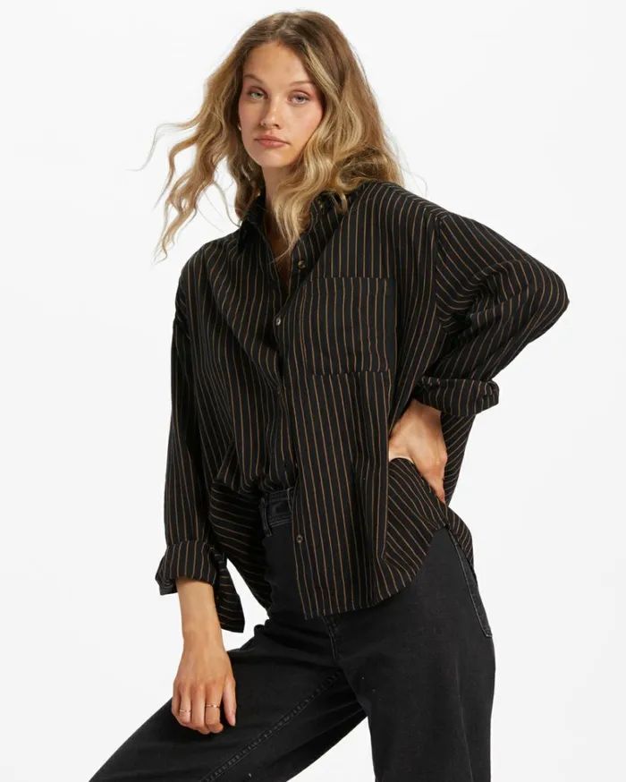 Right On Long Sleeve Shirt Black Pebble Women Billabong Essentials