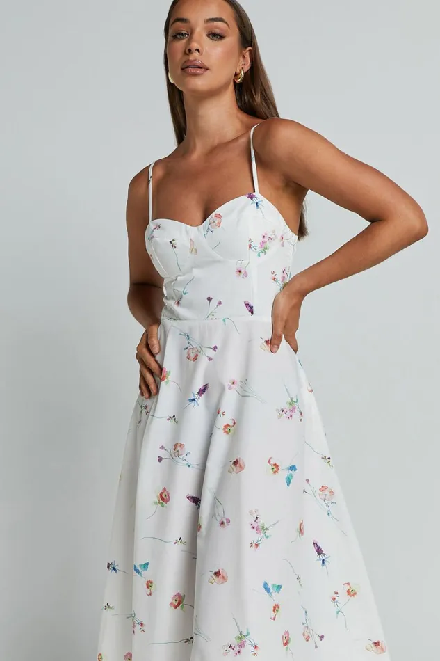 Robertson Midi Dress 8211 Strappy Sweetheart Bustier Flare Dress In Painterly Wild Flower Women Showpo Curve Clothes