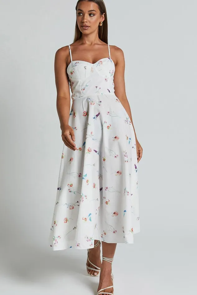 Robertson Midi Dress 8211 Strappy Sweetheart Bustier Flare Dress In Painterly Wild Flower Women Showpo Curve Clothes