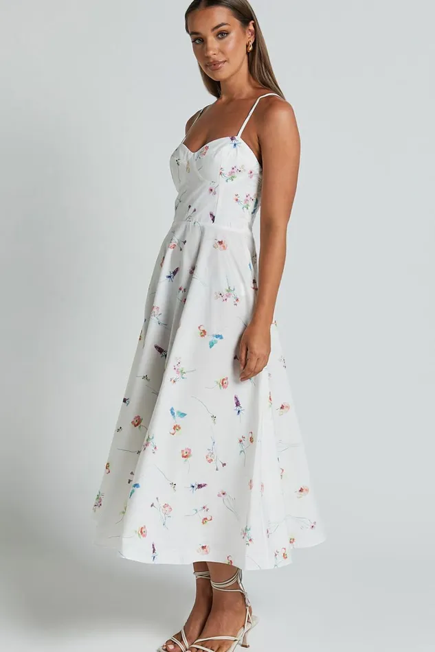 Robertson Midi Dress 8211 Strappy Sweetheart Bustier Flare Dress In Painterly Wild Flower Women Showpo Curve Clothes