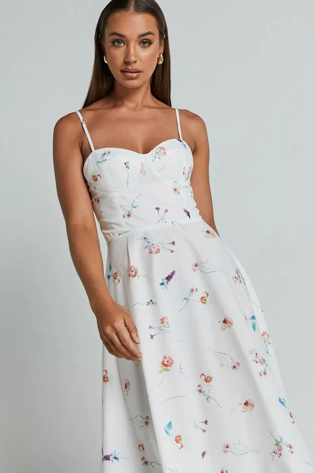 Robertson Midi Dress 8211 Strappy Sweetheart Bustier Flare Dress In Painterly Wild Flower Women Showpo Curve Clothes