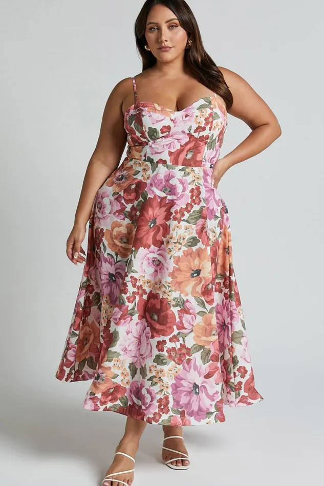 Robertson Midi Dress 8211 Strappy Sweetheart Bustier Flare Dress In Spring Floral Women Showpo Curve Clothes