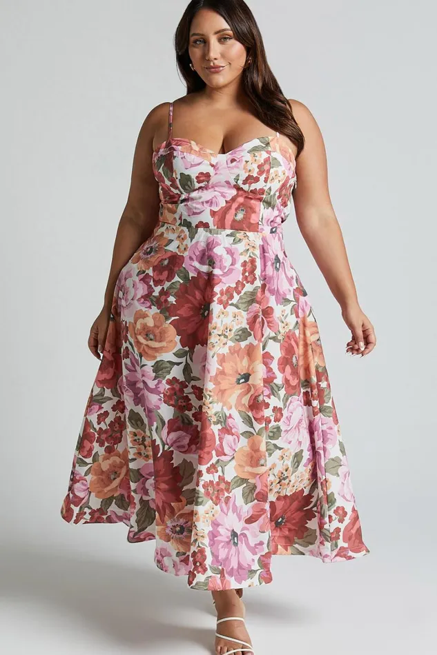 Robertson Midi Dress 8211 Strappy Sweetheart Bustier Flare Dress In Spring Floral Women Showpo Curve Clothes