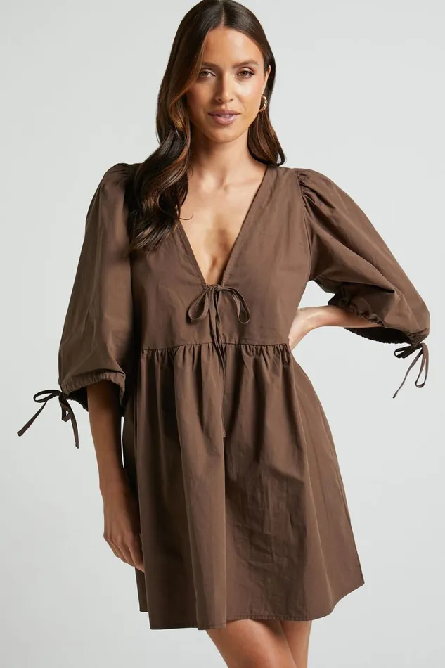 Rosita Mini Dress 8211 Tie Front Puff Sleeve Dress In Chocolate Women Showpo Curve Clothes Rosita Mini Dress 8211 Tie Front Puff Sleeve Dress In Chocolate Women Showpo Curve Clothes
