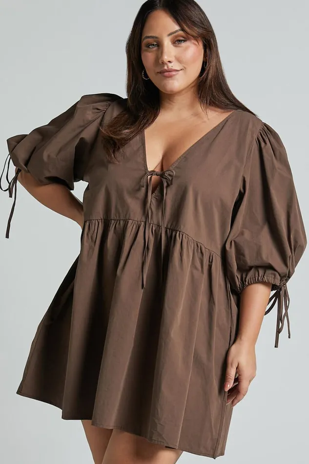 Rosita Mini Dress 8211 Tie Front Puff Sleeve Dress In Chocolate Women Showpo Curve Clothes