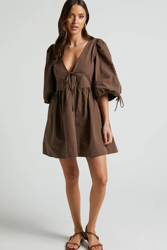 Rosita Mini Dress 8211 Tie Front Puff Sleeve Dress In Chocolate Women Showpo Curve Clothes