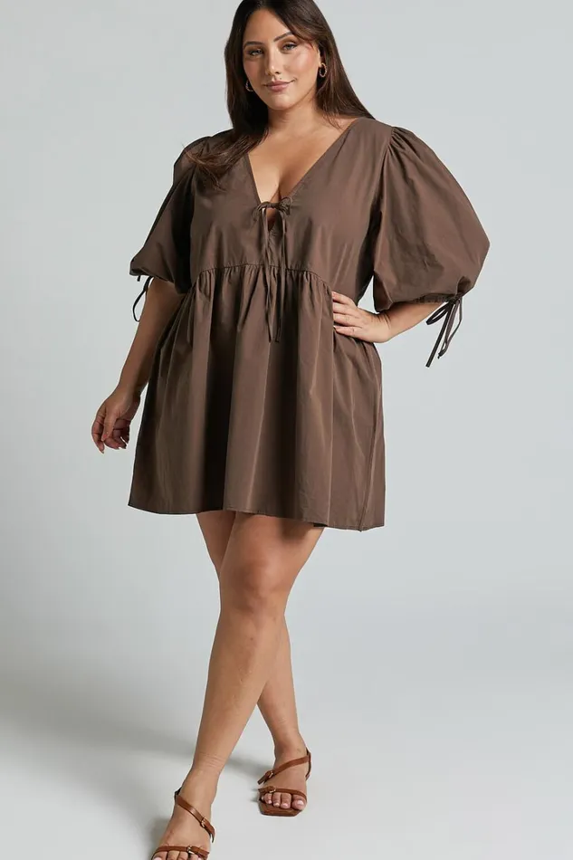 Rosita Mini Dress 8211 Tie Front Puff Sleeve Dress In Chocolate Women Showpo Curve Clothes