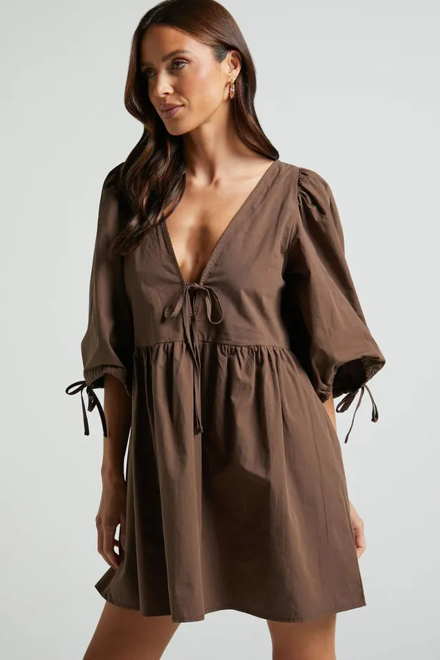 Rosita Mini Dress 8211 Tie Front Puff Sleeve Dress In Chocolate Women Showpo Curve Clothes