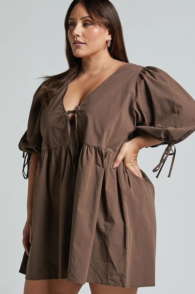 Rosita Mini Dress 8211 Tie Front Puff Sleeve Dress In Chocolate Women Showpo Curve Clothes