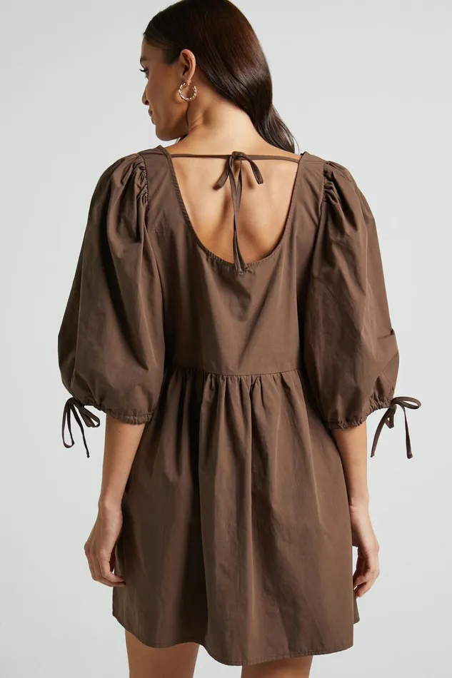 Rosita Mini Dress 8211 Tie Front Puff Sleeve Dress In Chocolate Women Showpo Curve Clothes