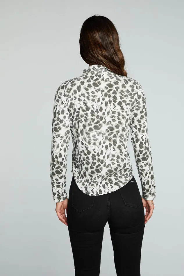 rPET Vintage Rib Long Sleeve Snap Detail Mock Neck Pullover Tops Chaser Brand Womens