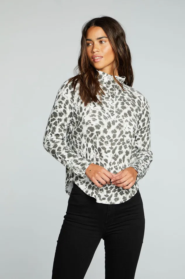 rPET Vintage Rib Long Sleeve Snap Detail Mock Neck Pullover Tops Chaser Brand Womens