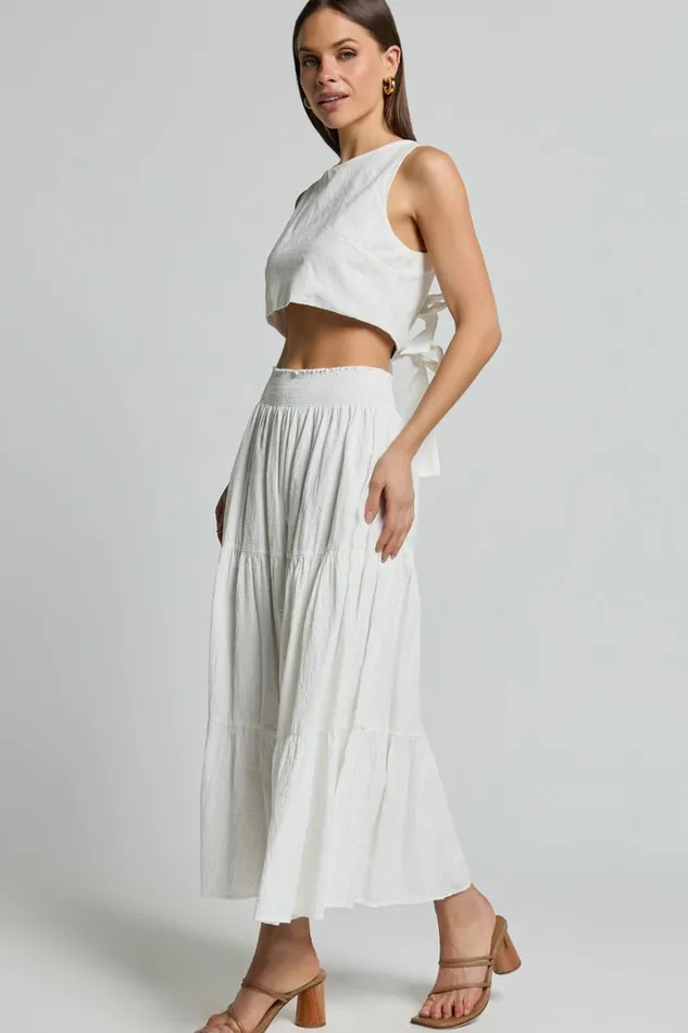 Ruby Midi Skirt 8211 Shirred High Waist Cotton Tiered Maxi Skirt In Off White Women Showpo Modest Clothing