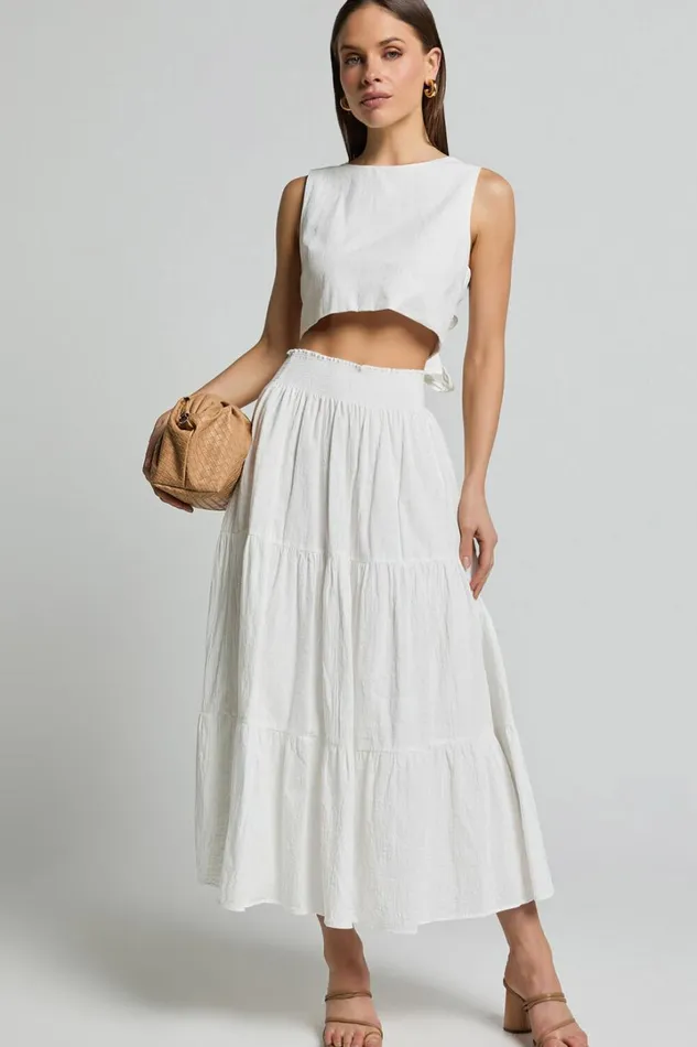 Ruby Midi Skirt 8211 Shirred High Waist Cotton Tiered Maxi Skirt In Off White Women Showpo Modest Clothing