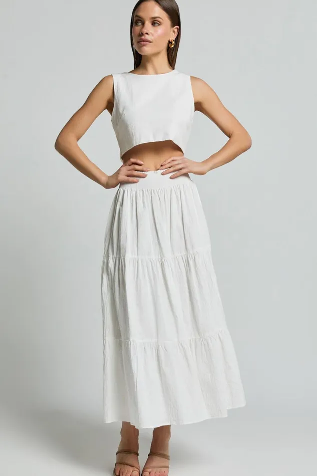 Ruby Midi Skirt 8211 Shirred High Waist Cotton Tiered Maxi Skirt In Off White Women Showpo Modest Clothing