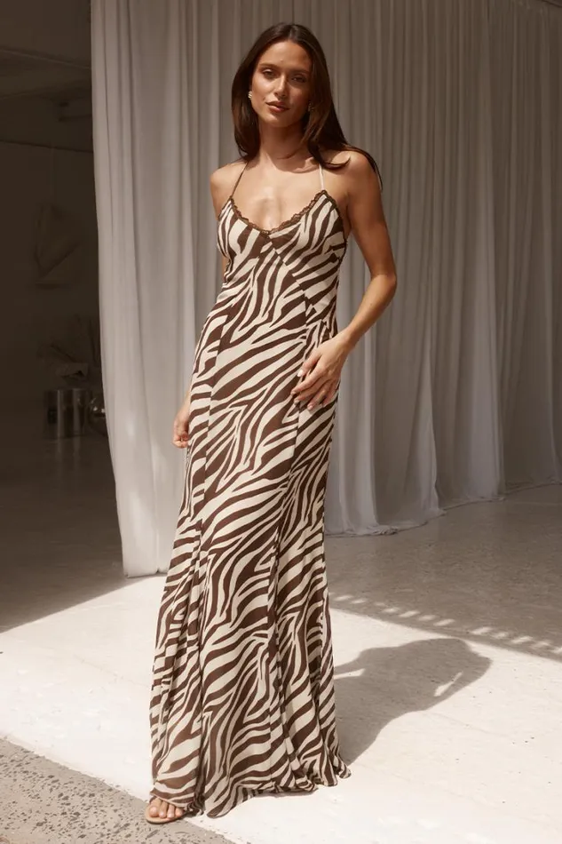 Runaway The Label Race Day Dresses AMINAH MAXI DRESS Zebra Chocolate 8211 Women