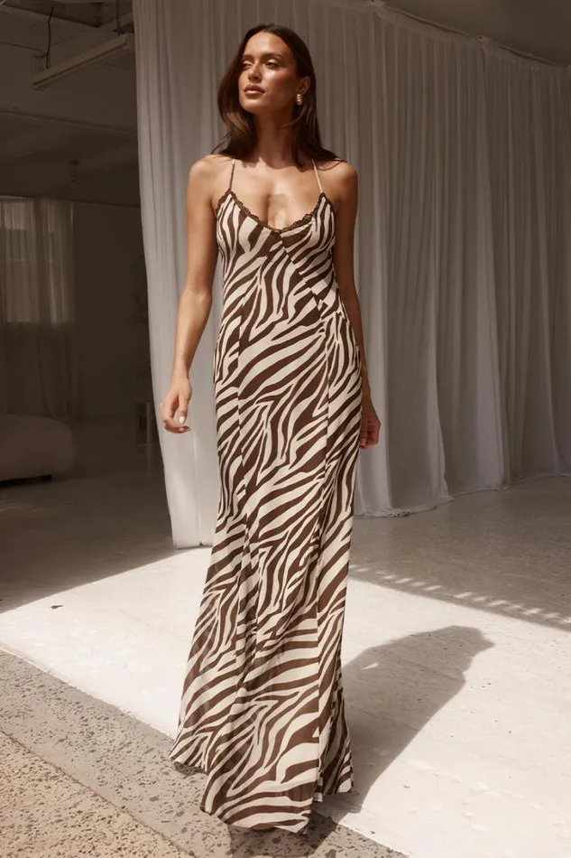 Runaway The Label Race Day Dresses AMINAH MAXI DRESS Zebra Chocolate 8211 Women