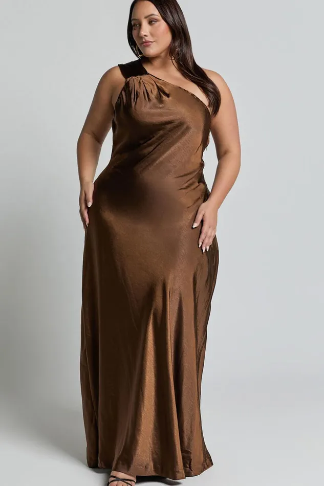 Ryan Maxi Dress 8211 Tie Neck One Shoulder Dress In Chocolate Women Showpo Curve Clothes
