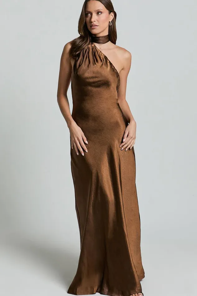Ryan Maxi Dress 8211 Tie Neck One Shoulder Dress In Chocolate Women Showpo Curve Clothes