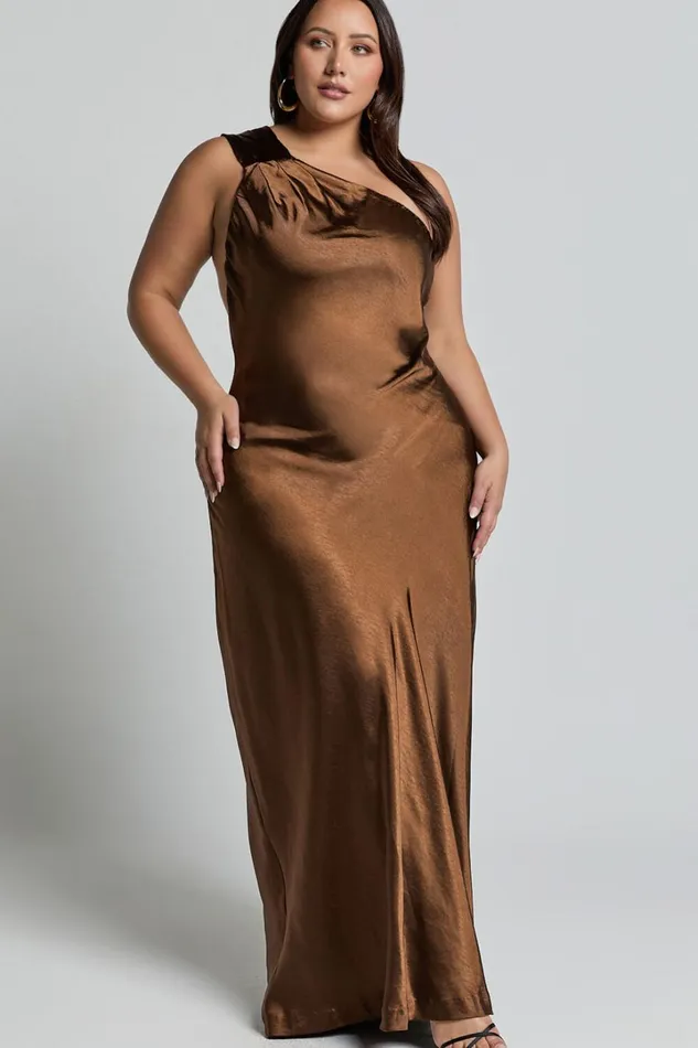 Ryan Maxi Dress 8211 Tie Neck One Shoulder Dress In Chocolate Women Showpo Curve Clothes