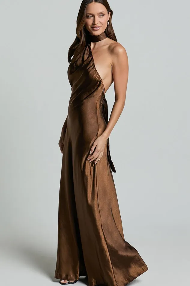 Ryan Maxi Dress 8211 Tie Neck One Shoulder Dress In Chocolate Women Showpo Curve Clothes