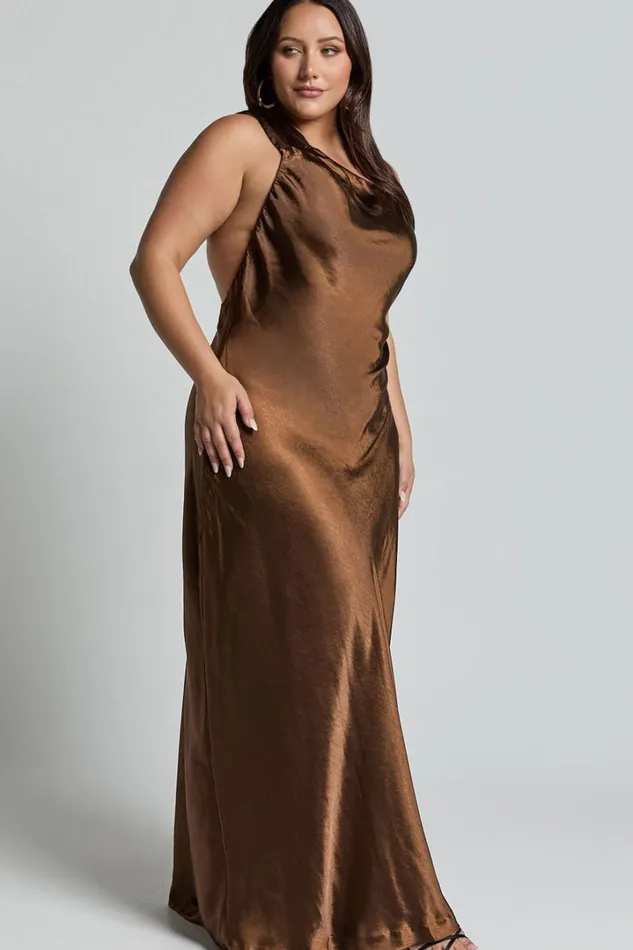 Ryan Maxi Dress 8211 Tie Neck One Shoulder Dress In Chocolate Women Showpo Curve Clothes