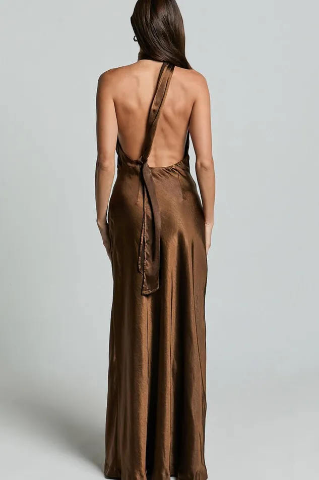 Ryan Maxi Dress 8211 Tie Neck One Shoulder Dress In Chocolate Women Showpo Curve Clothes