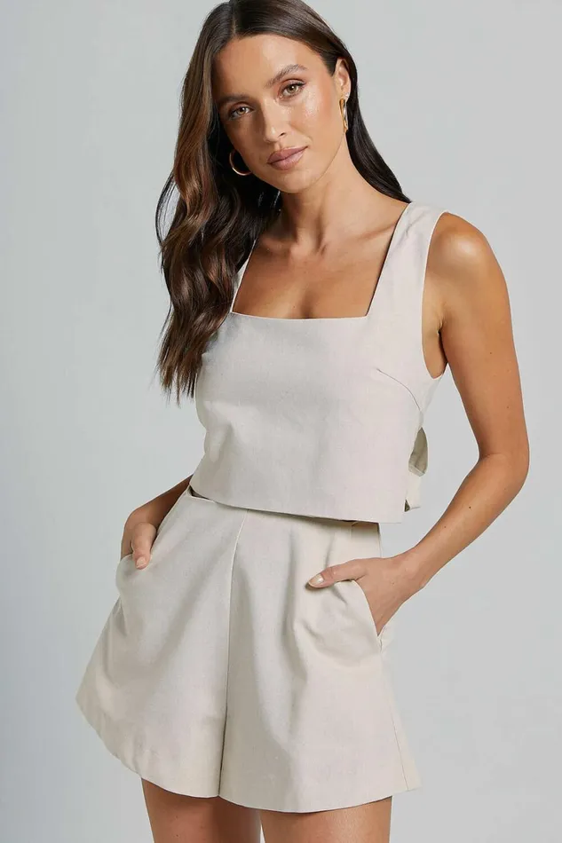 Salvador Two Piece Set 8211 Linen Look Sleeveless Crop Top And High Waisted Tailored Shorts In Oatmeal Women Showpo Conscious Salvador Two Piece Set 8211 Linen Look Sleeveless Crop Top And High Waisted Tailored Shorts In Oatmeal Women Showpo Conscious