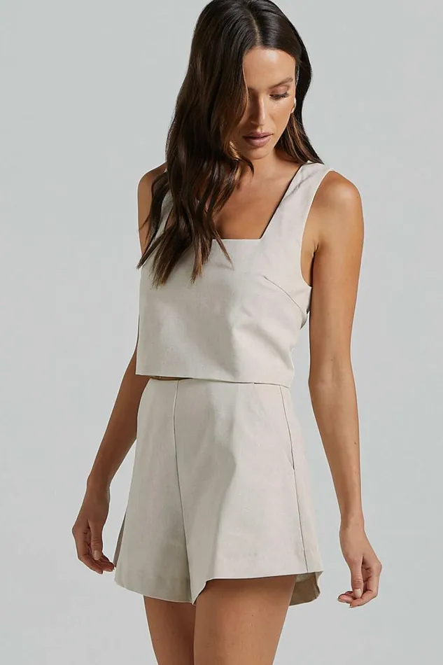 Salvador Two Piece Set 8211 Linen Look Sleeveless Crop Top And High Waisted Tailored Shorts In Oatmeal Women Showpo Conscious