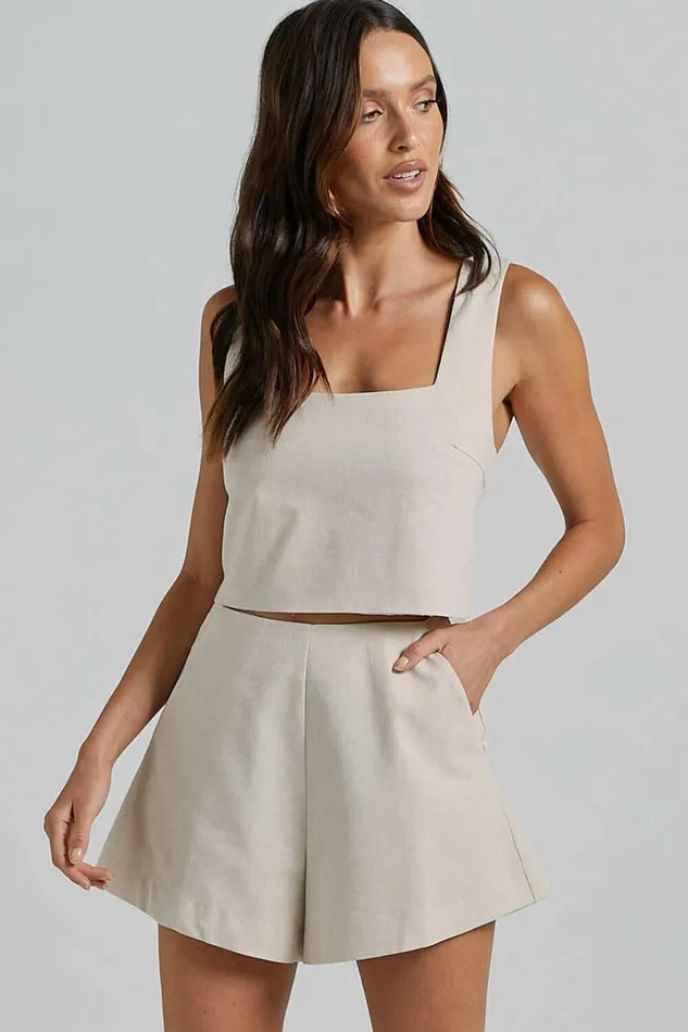 Salvador Two Piece Set 8211 Linen Look Sleeveless Crop Top And High Waisted Tailored Shorts In Oatmeal Women Showpo Conscious