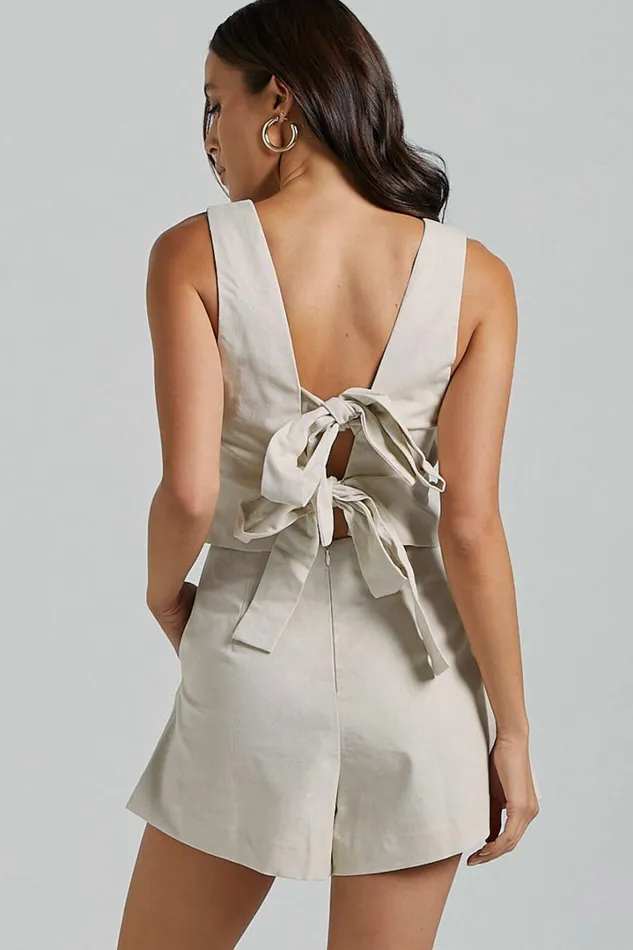 Salvador Two Piece Set 8211 Linen Look Sleeveless Crop Top And High Waisted Tailored Shorts In Oatmeal Women Showpo Conscious
