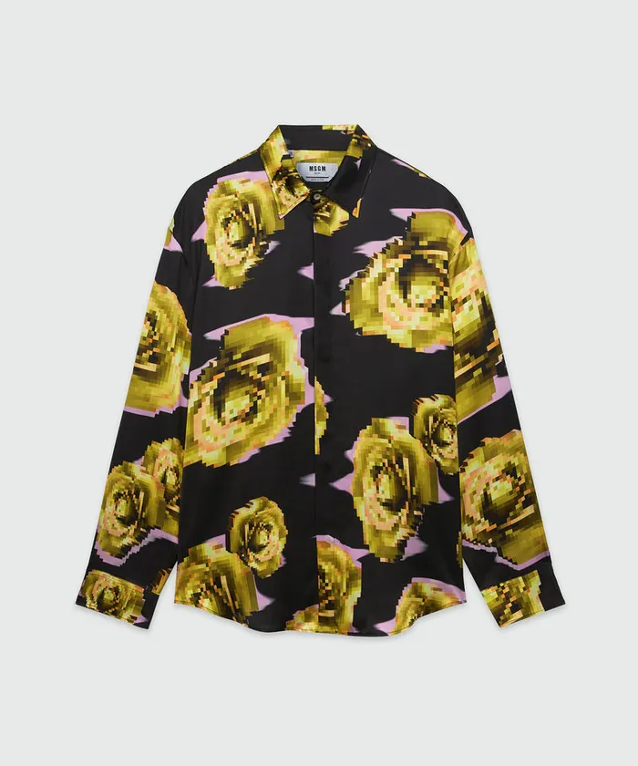 Satin Shirt With 034Underground Pixelled Roses034 Pattern Men MSGM Shirts