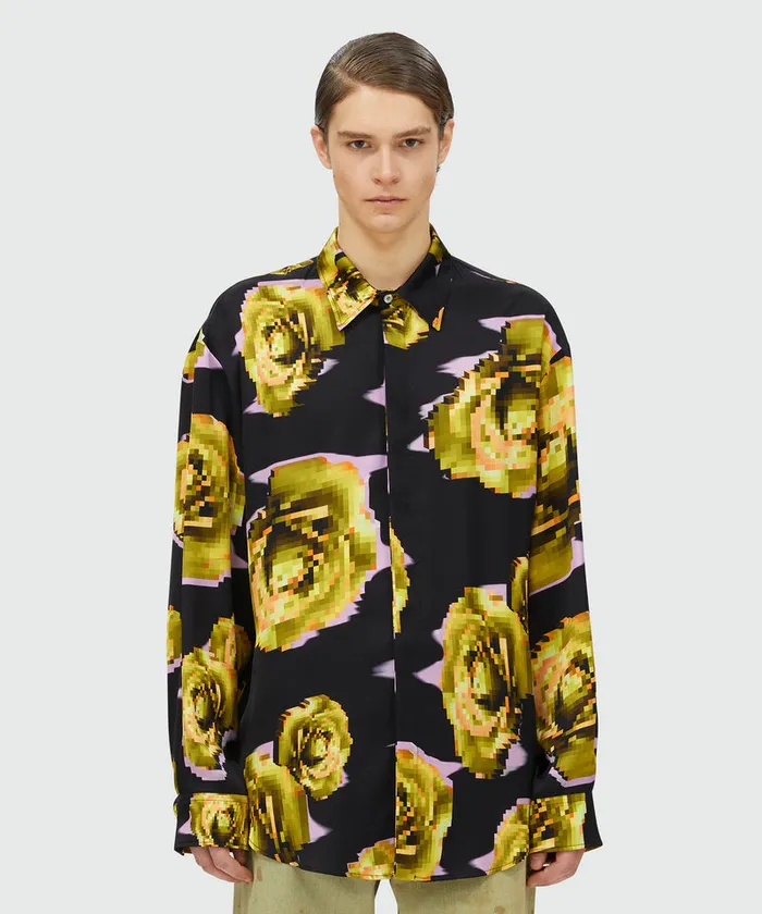 Satin Shirt With 034Underground Pixelled Roses034 Pattern Men MSGM Shirts