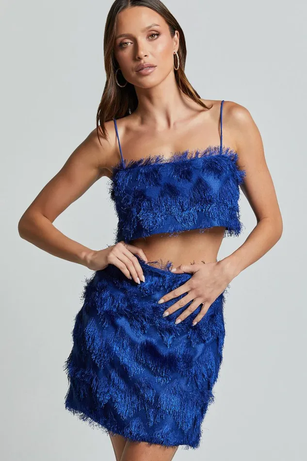 Shelby Top 8211 Strappy Fringe Crop Top In Cobalt Blue Women Showpo Tops