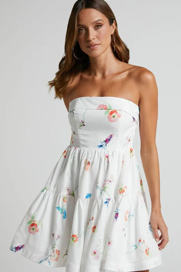 Shineey Mini Dress 8211 Strapless Tiered Dress In Painterly Wild Flower Women Showpo Dresses