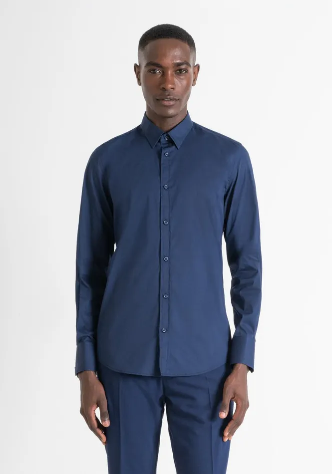 Shirts Men Antony Morato Milano Super Slim Fit Soft Feel Stretch Cotton Poplin Shirt Blue Navy