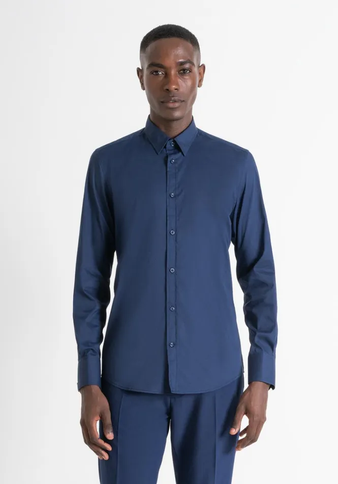 Shirts Men Antony Morato Milano Super Slim Fit Soft Feel Stretch Cotton Poplin Shirt Blue Navy