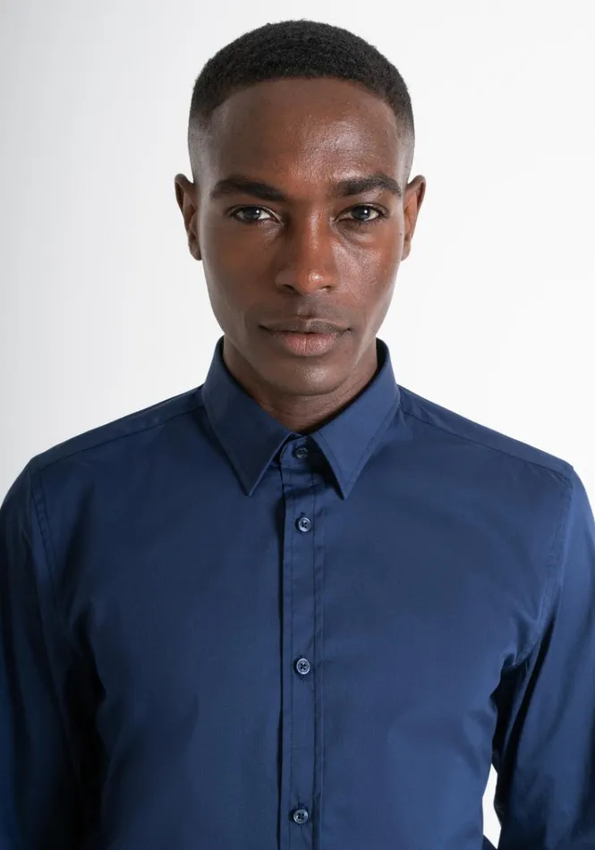 Shirts Men Antony Morato Milano Super Slim Fit Soft Feel Stretch Cotton Poplin Shirt Blue Navy