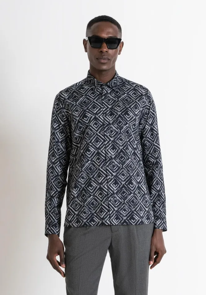 Shirts Men Antony Morato Regular Fit 034Barcelona034 Shirt In Diamond Patterned Viscose Blend Black Shirts Men Antony Morato Regular Fit 034Barcelona034 Shirt In Diamond Patterned Viscose Blend Black