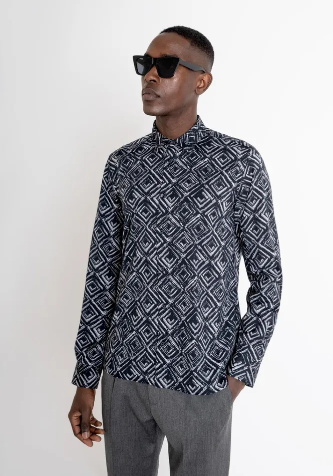 Shirts Men Antony Morato Regular Fit 034Barcelona034 Shirt In Diamond Patterned Viscose Blend Black