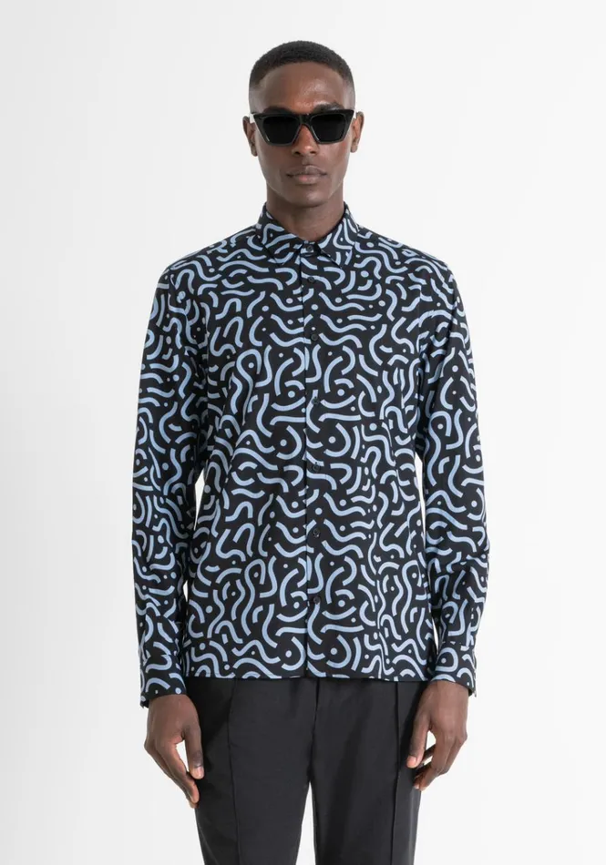 Shirts Men Antony Morato Regular Fit 034Barcelona034 Straight Cut Shirt In Patterned Viscose Blend Black