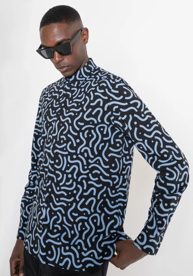 Shirts Men Antony Morato Regular Fit 034Barcelona034 Straight Cut Shirt In Patterned Viscose Blend Black