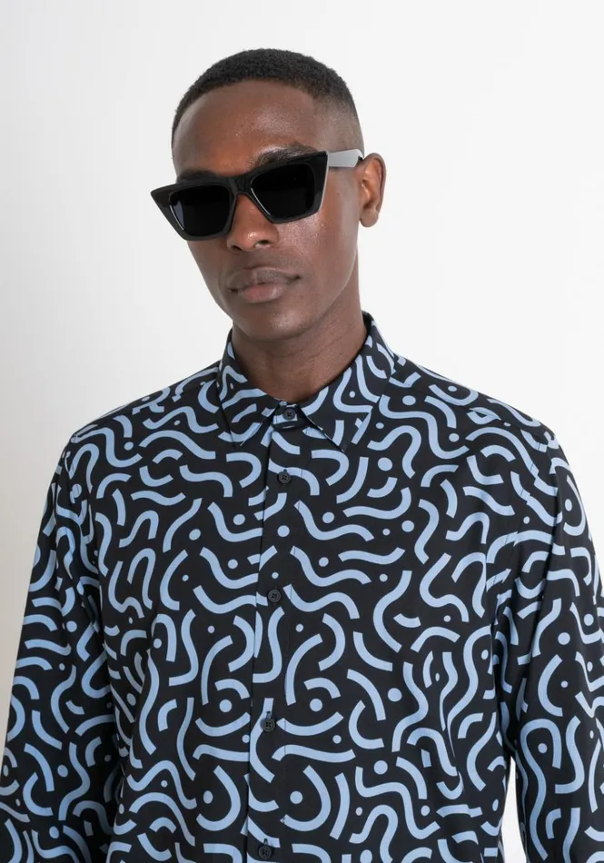 Shirts Men Antony Morato Regular Fit 034Barcelona034 Straight Cut Shirt In Patterned Viscose Blend Black