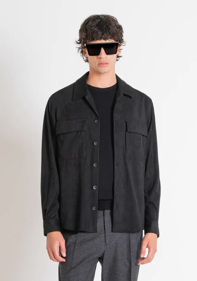 Shirts Men Antony Morato Regular Fit Shirt Straight Cut In SuedeEffect Fabric Black