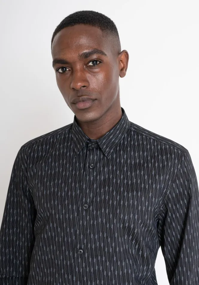 Shirts Men Antony Morato Slim Fit 034Napoli034 Shirt In Blue Cotton With Micro Pattern Black