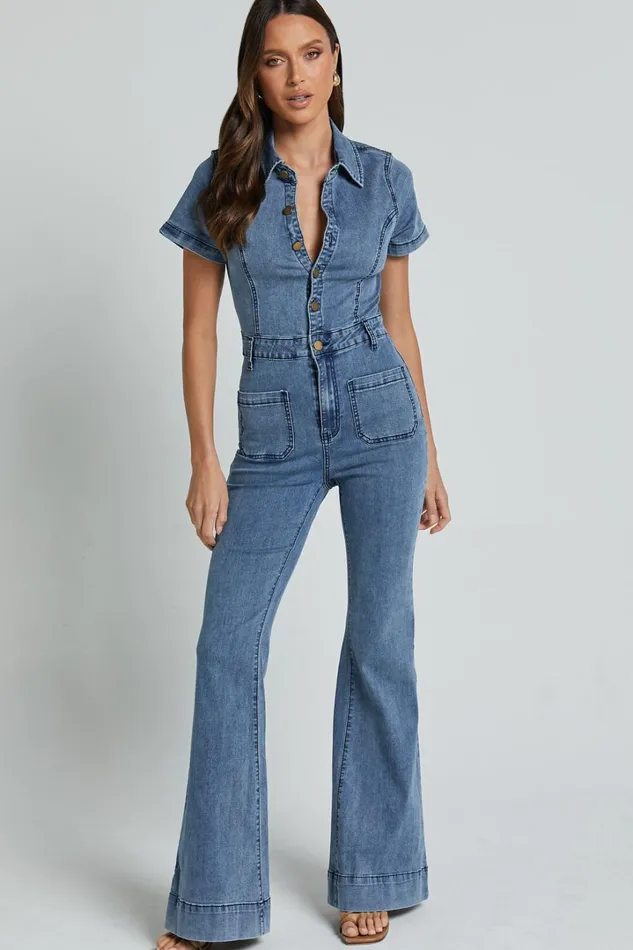 Silvena Jumpsuit 8211 Short Sleeve Flared Denim Jumpsuit In Blue Women Showpo Jumpsuits Silvena Jumpsuit 8211 Short Sleeve Flared Denim Jumpsuit In Blue Women Showpo Jumpsuits