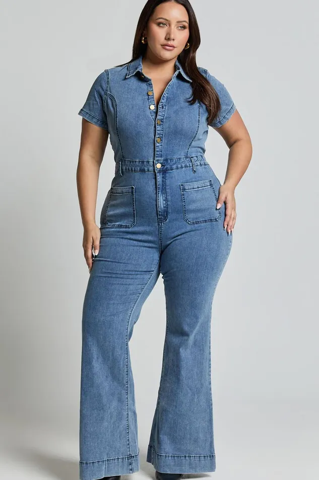 Silvena Jumpsuit 8211 Short Sleeve Flared Denim Jumpsuit In Blue Women Showpo Jumpsuits