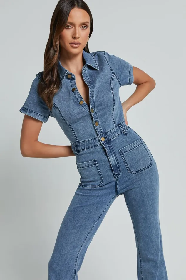 Silvena Jumpsuit 8211 Short Sleeve Flared Denim Jumpsuit In Blue Women Showpo Jumpsuits