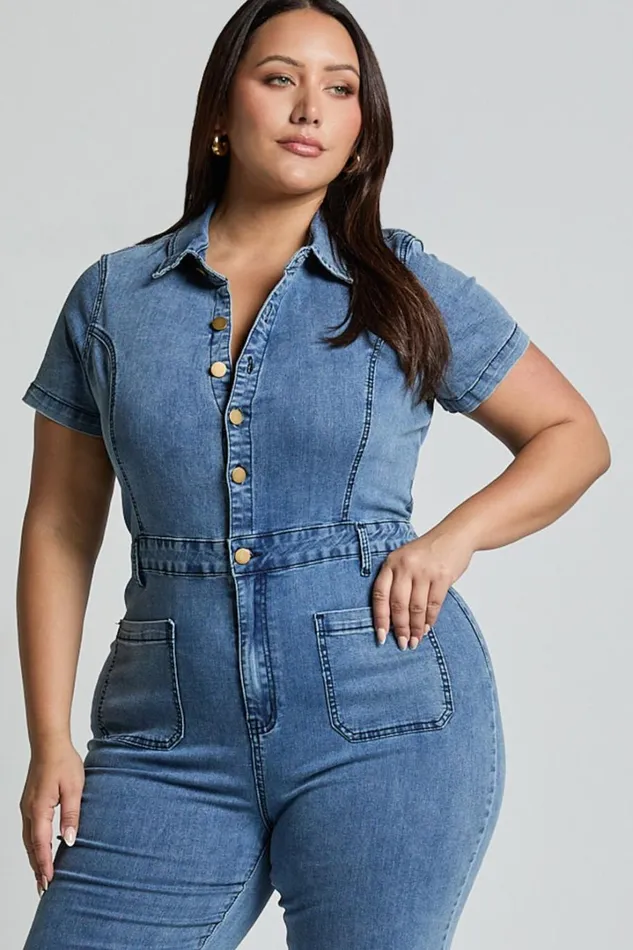 Silvena Jumpsuit 8211 Short Sleeve Flared Denim Jumpsuit In Blue Women Showpo Jumpsuits