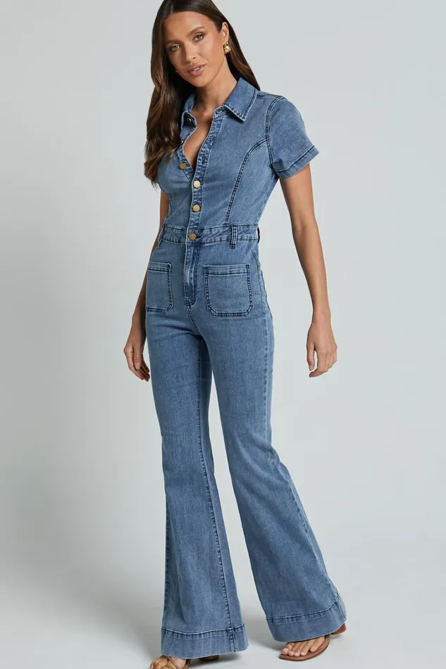 Silvena Jumpsuit 8211 Short Sleeve Flared Denim Jumpsuit In Blue Women Showpo Jumpsuits